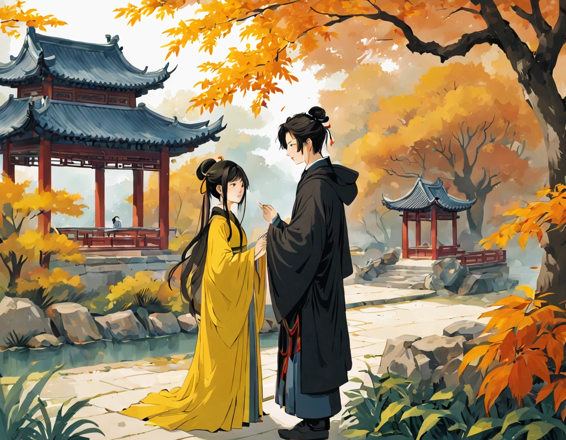 ancient china, Jiangnan garden, autumn, a pavillion, under the pavillion there is a young man wearing black cloak with hood, he is giving a chinese hair pin to a girl, the girl is wearing yellow robes, the two people are a few steps away