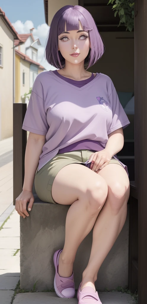 master part, absurdos, Hinata\(Boruto\), 1girl, sozinho,Mature female, Capuz roxo,mangas em camadas, brown pants, ao ar livre, Campo de flores de lavanda, looking at the petals), Cloudy sky, perfect composition, circunstanciado lips, peito grande, beautiful face, body propotion, corar, (pink lips), cabelos curtos, lilac eyes, olhar suave, sorriso triste, super realistic, circunstanciado, Photo Session, rosto e corpo realistas, Realistic hair, olhos realistas, nariz realista, realistic lips, brown pants, anime, andando sob as petalas de flores, lilac sneakers