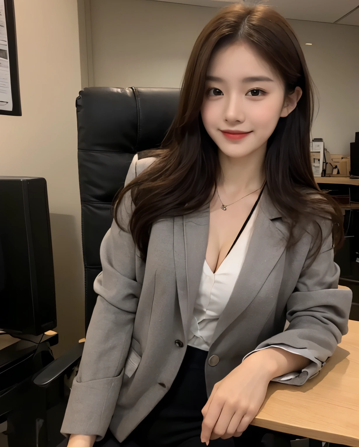 (Masterpiece, best resolution: 1.2), (brown eyes), seduction, smile, long brown hair, small breast, high-definition facial features, 8K, double eyelids, delicate facial feature, (((office))), ((((wearing a grey blazer)))、(black trousers)、sitting on a chair, computer