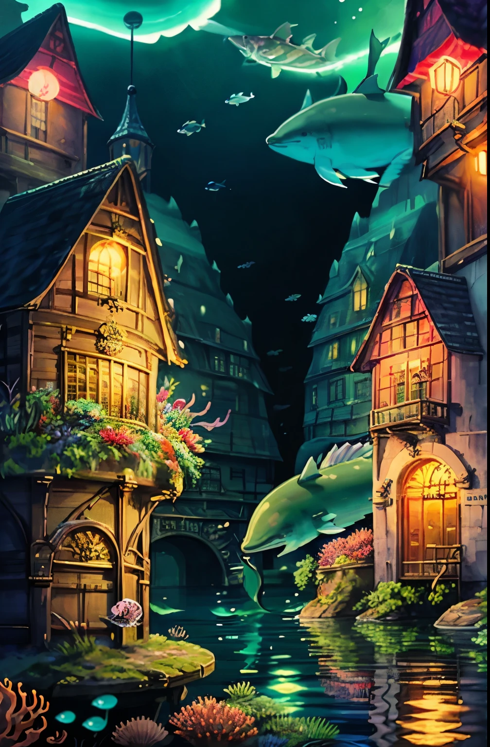 A living underwater city, illuminated by bioluminescent corals and aquatic plants, where fish of all kinds swim gracefully around. In the city center there is a huge, ornate shell throne adorned with pearls and shell jewellery, surrounded by colorful fish, carriages drawn by dolphins carrying dignitaries to the palace, giant sharks