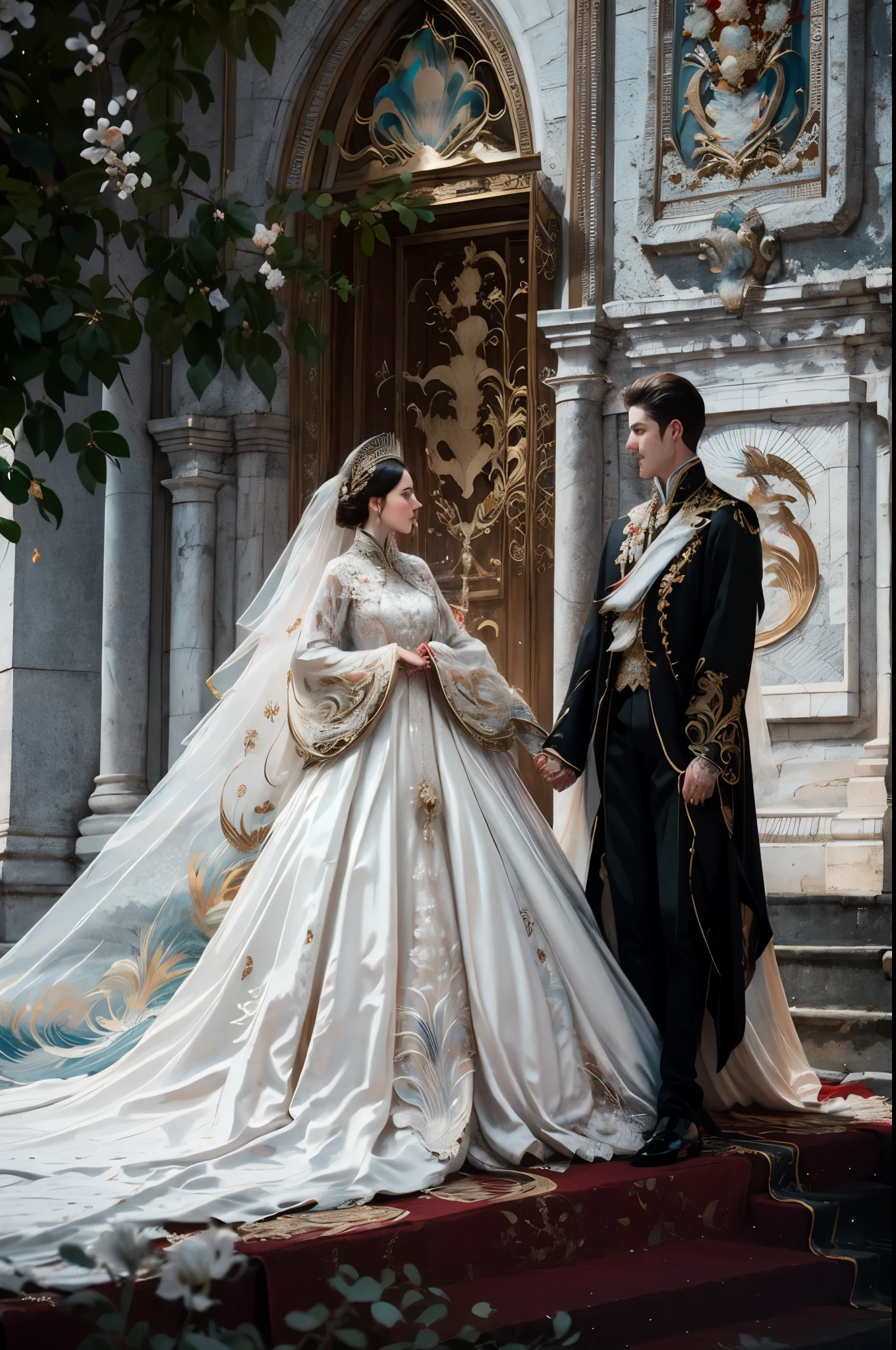 bride and groom in formal attire walking down steps in front of a building, Royal robes, Royal robes, royal wedding, white Royal robes, ornate Royal robes, Imperial royal elegant clothing, bride and groom, wedding photo, luxurious wedding, Wearing a luxurious royal cloak, georgian dress, both wearing victorian clothes, wearing a noblewoman's outfit, historical baroque clothing，The background is blue sky and white clouds