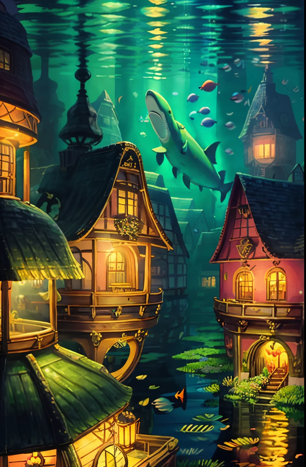 A living underwater city, illuminated by bioluminescent corals and aquatic plants, where fish of all kinds swim gracefully around. In the city center there is a huge, ornate shell throne adorned with pearls and shell jewellery, surrounded by colorful fish, carriages drawn by dolphins carrying dignitaries to the palace, giant sharks