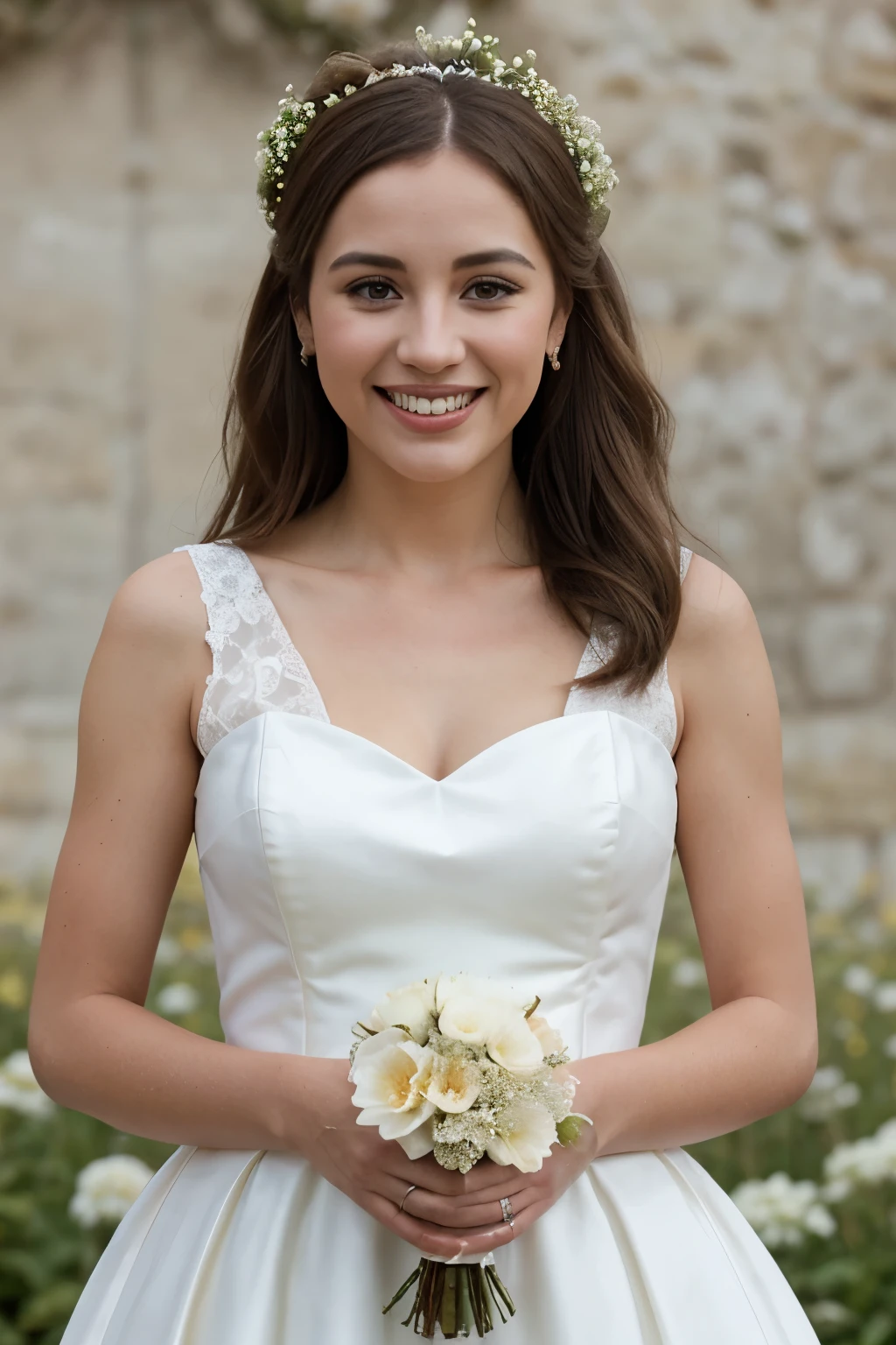 Perfect 30 year old woman, smiling, very happy, white wedding dress, bouquet of white flowers in hands, garden with grass, noon, perfect lighting, (Extremely detailed 8k), hyper realistic, very realistic, hyper detailed, intricate, high detail, sharp focus, dramatic, photorealistic(3/4 profile), (whole body), Perfect hands and fingers, perfect body