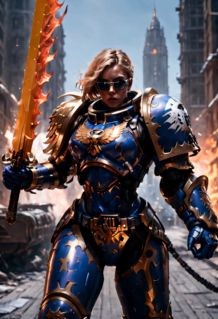 Warhammer 40K universe，Knight armor girl，Blue gold armor mechanical suit，shiny red sunglasseierce war environment，Armed with a flaming sword，Destroyed buildings and flames，The background is a futuristic cityscape，severe and threatening atmosphere，Sci-fi cyberpunk aesthetics，High contrast and desaturated tones，Dramatic and dynamic lighting effect quality,4K,(A high resolution,tmasterpiece:1.2),ultra - detailed,(actual,photoactual,photo-actual:1.37)