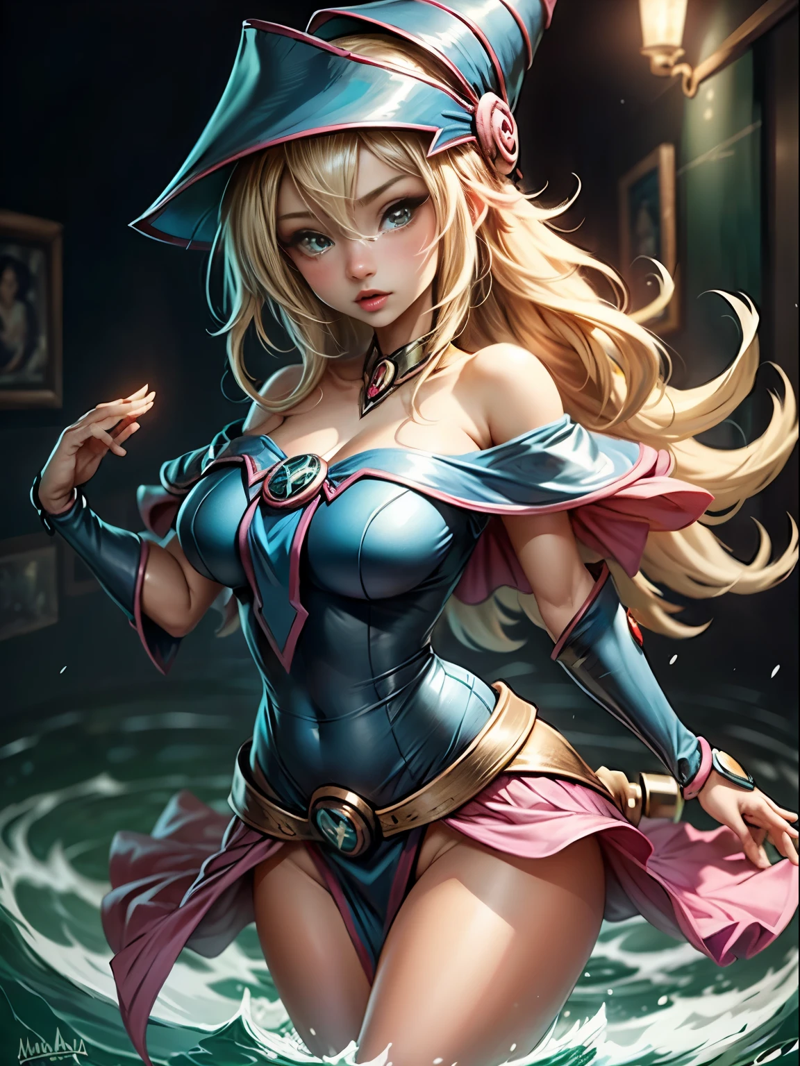 1girl, solamente,Lindo, , sentado sobre el agua, HMDMG1, Sombrero de mago, escote, hombros desnudos, vestido, fuera del hombro, magica, Mistro, particuls, corazones, amar,Molienda, Detalles altos, Arte digital, Obra maestra, ojos expresivos, papel tapiz, ojos expresivos,Lindo,hermosos ojos, Magia. Pose sejustiva y