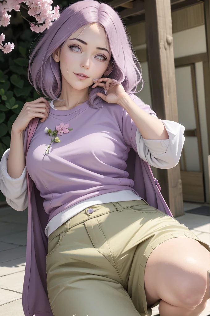 Create a female jujutsu kaisen character with light purple hair with white highlights and crystal blue eyes, wearing a short jujutsu shirt and short skirt with white socks and small heels.