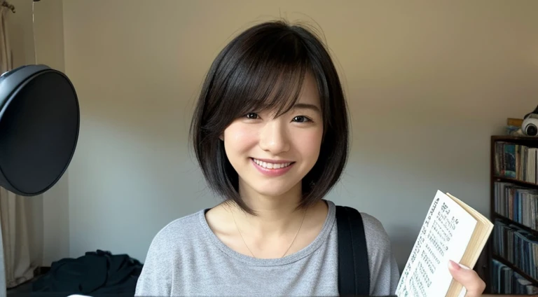 ​masterpiece、逼真、A detailed eye、Detailed eyes、cute little、inside in room、audition、film grains、Wrinkled skin、age19、femele、独奏、Shorthair with black hair、Bob Hair、hitornfreckles、A smile、s lips、audition会場、microphone、microphoneの前に立つ、Holding a book in hand、Holding a book in your hand、read a book、Whole body、Music Studio、recording