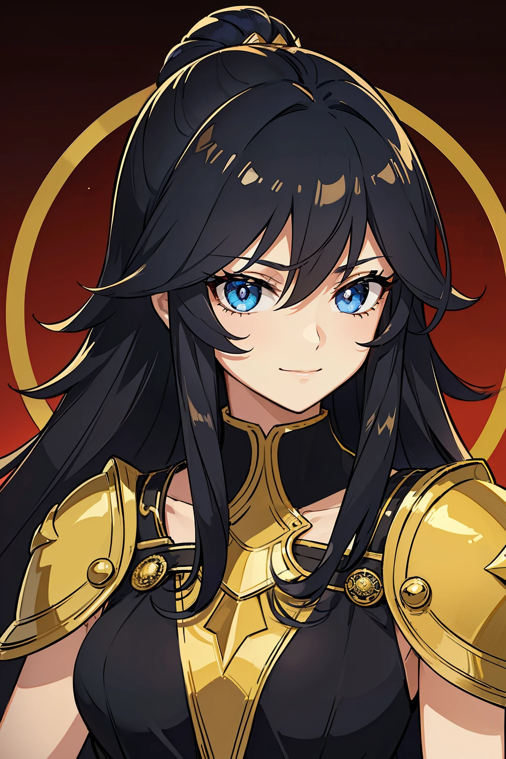 (high-quality, breathtaking),(expressive eyes, perfect face) portrait, 1girl, girl, solo, young adult, black hair, blue coloured eyes, stylised hair, gentle smile, long length hair, loose hair, side bangs, curley hair, really spiky hair, spiked up hair, looking at viewer, portrait, ancient greek clothes, black long sleeved tunic gold trim around collar edges and down middle, greek, red and gold sash, simple background, slightly narrow eyes, small body, happy expression, clothes similar to Hypnos Saint Seiya, C cup size breasts