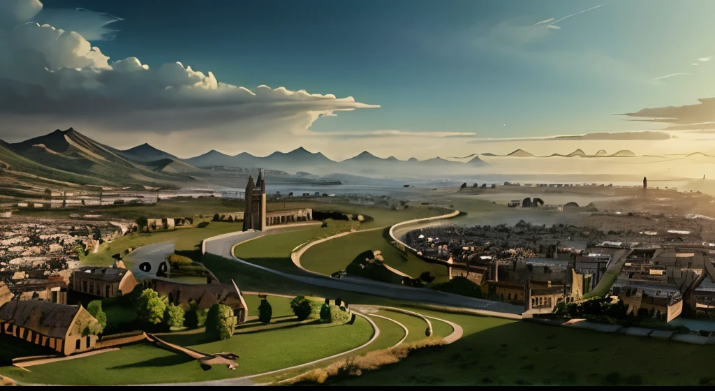bealtiful landscape, medieval, fantasy, the past that is to come, devastated city