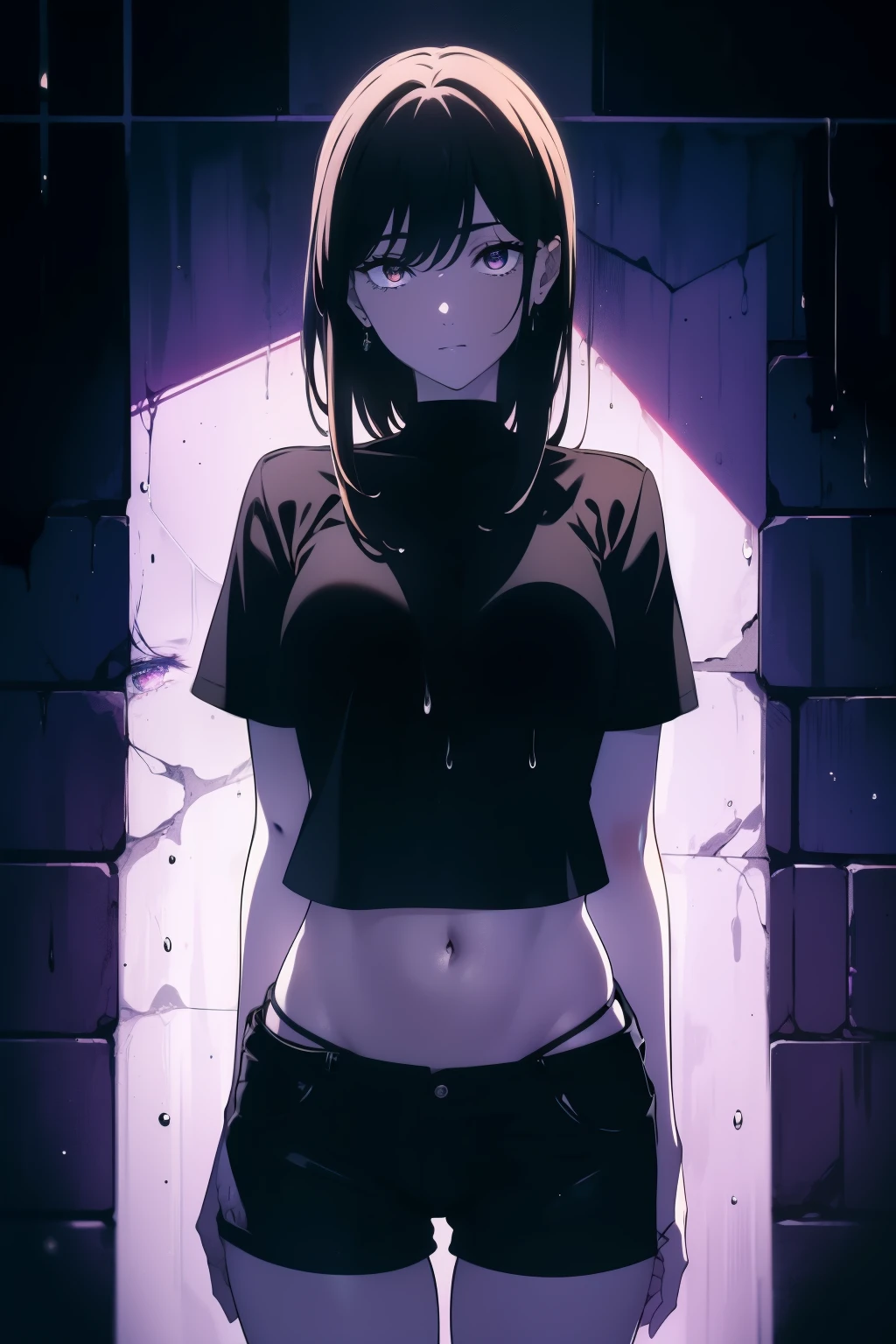 ((((Obra maestra, La mejor calidad, ultrahigh resolution)))), 1girl, happy, ((standing casually)), black t-shirt, jean shortlack hair, dark black hair over eye:1), long hair cut, pale skin, ((brown eyes)), (glowing_eyes), (ultra detailed eyes:0.7, beautiful and detailed face, detailed eyes:0.9), ((centered)), ((over joyed expression)), ((wide shot)), facing viewer, (((indoor part, purple and black lights, black dancing silhouettes:0.9, rave:1))), medium breasts, looking at viewer, ((perfect hands)), (((head:1, arms, hips in view, elbows, thighs, in view))), lively eyes, beautiful lighting, outside, outdoors, background, defined subject, 25 years old, (head tilt), (((cool))), ((lively)), (((splash))),