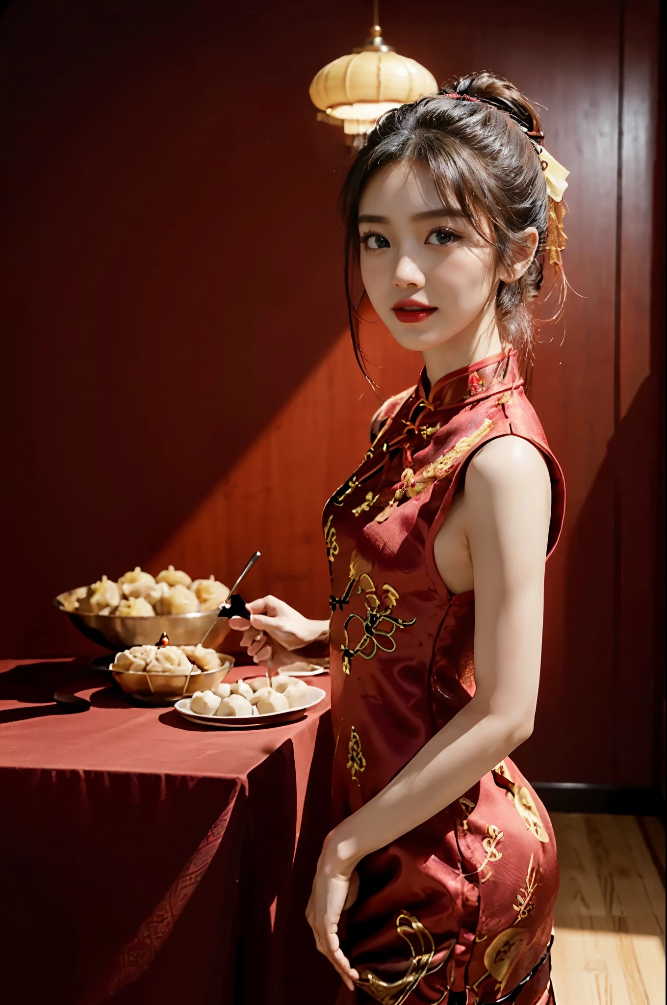 (perfect bodies: 1.1), (very short ponytail:1.1),(Extremely meticulous CG),((8k)),(wallpaper),(Extremely refined and beautiful),(masterpiece),(best qualtiy：1.0),(Ultra High Resolution:1.0),[A high resolution],a girl,small head,small face,Exquisite makeup,(female orgasmic:1.3),(blush:1.3),red lips,happy,Smile,(Smooth and flawless fair skin:1.5),ultra - detailed,slender legs,(Small breasts:1.1),Flat chest,Slim,thin,(red cheongsam:1.3),(in a A spacious Chinese-kitchen:1.2),detailed background,standing,(from front:1.2),(fullbody:1.2),nightfall,bright light,(many dumplings on table:1.2)