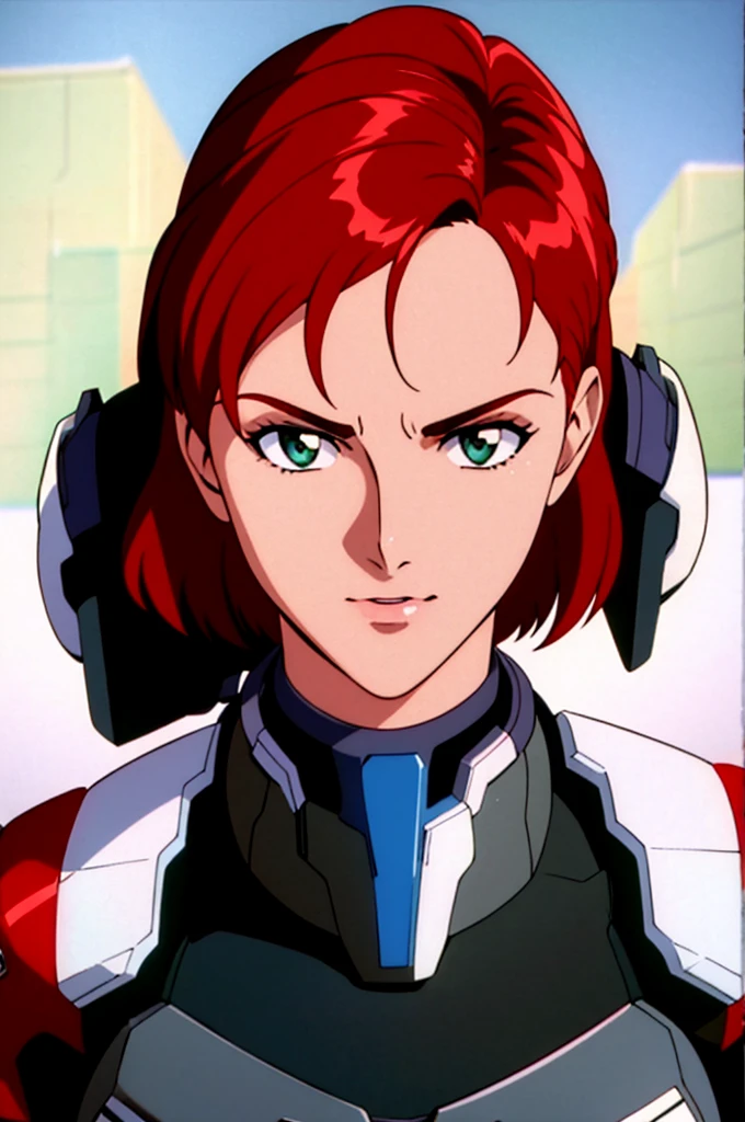 masterpiece, best quality, 1girl, cowboy shot, Jane Shepard, FemShep, short hair, red hair, green eyes, black power armor, N7, evangelion anime style, anime screencap, 1990s_\(style\)