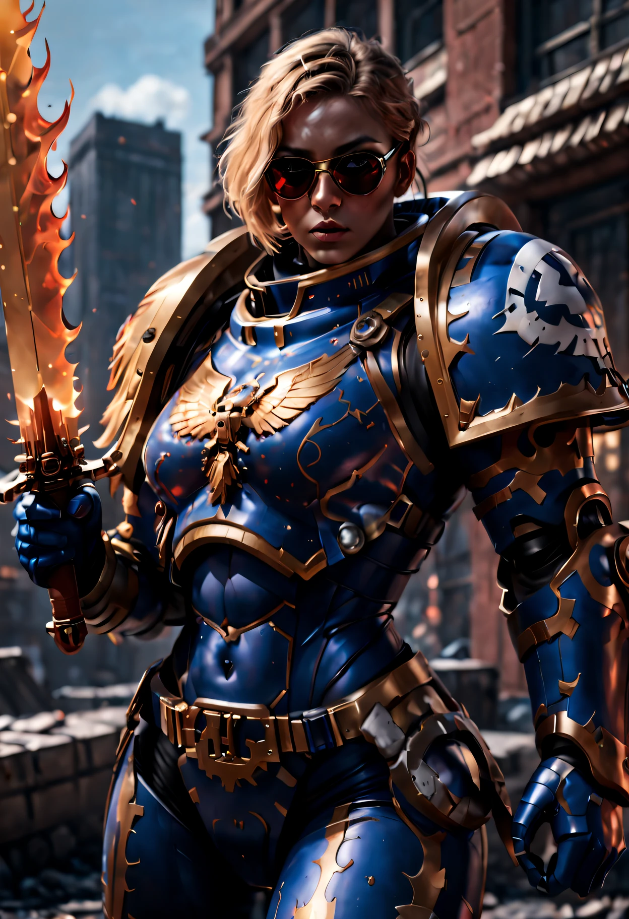 Warhammer 40K universe，Knight armor girl，Blue gold armor mechanical suit，shiny red sunglasseierce war environment，Armed with a flaming sword，Destroyed buildings and flames，The background is a futuristic cityscape，severe and threatening atmosphere，Sci-fi cyberpunk aesthetics，High contrast and desaturated tones，Dramatic and dynamic lighting effect quality,4K,(A high resolution,tmasterpiece:1.2),ultra - detailed,(actual,photoactual,photo-actual:1.37)