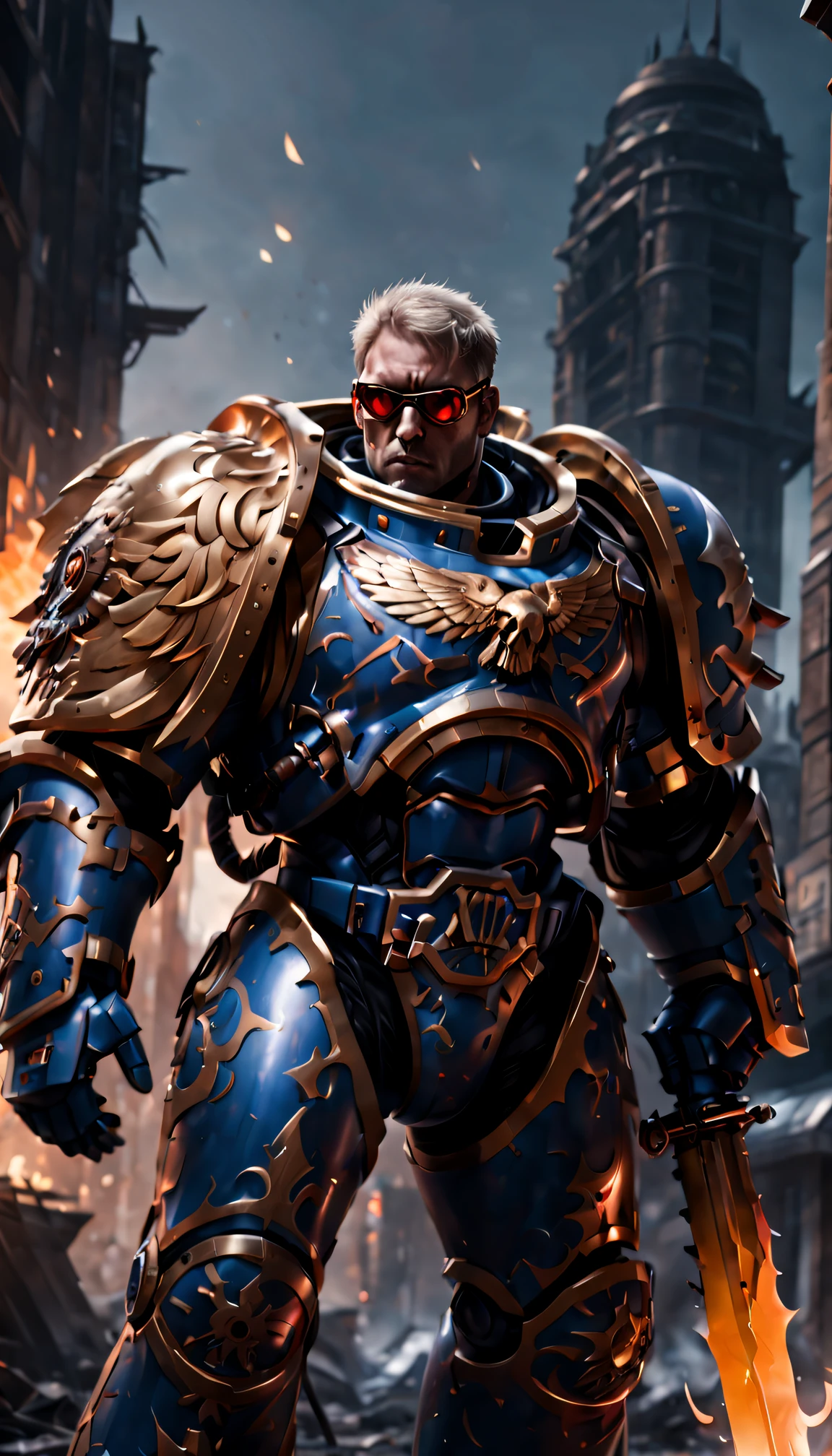 Warhammer 40K universe，knights armor，Blue gold armor mechanical suit，shiny red sunglasseierce war environment，Armed with a flaming sword，Destroyed buildings and flames，The background is a futuristic cityscape，severe and threatening atmosphere，Sci-fi cyberpunk aesthetics，High contrast and desaturated tones，Dramatic and dynamic lighting effect quality,4K,(A high resolution,tmasterpiece:1.2),ultra - detailed,(actual,photoactual,photo-actual:1.37)