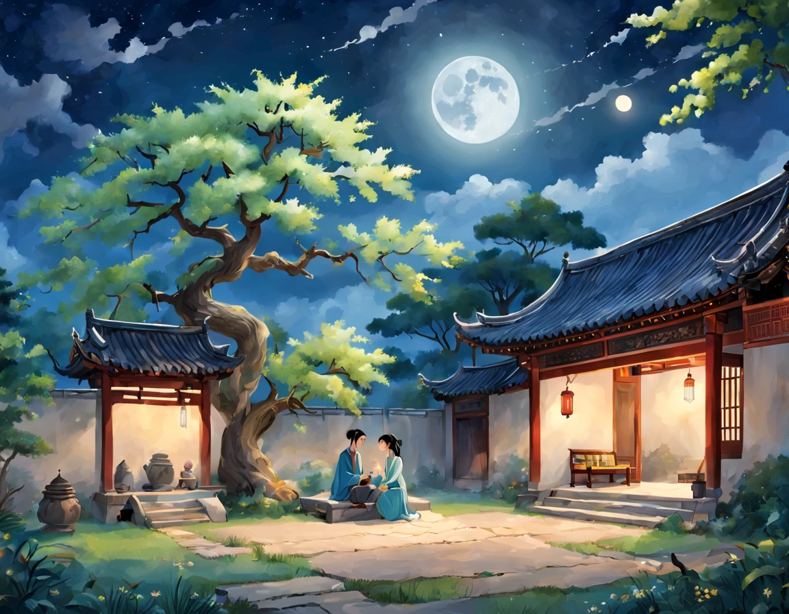 Ancient china, a courtyard, moon and stars in the sky, there is a tree in the yard, under the tree there is one -old girnd one 19 year-old boy sitting and talking