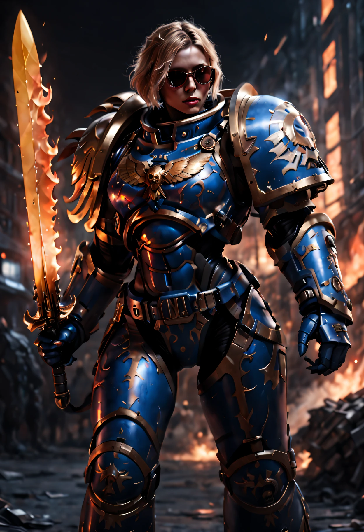 Warhammer 40K universe，Knight armor girl，Blue gold armor mechanical suit，shiny red sunglasseierce war environment，Armed with a flaming sword，Destroyed buildings and flames，The background is a futuristic cityscape，severe and threatening atmosphere，Sci-fi cyberpunk aesthetics，High contrast and desaturated tones，Dramatic and dynamic lighting effec quality at best,4K,(A high resolution,tmasterpiece:1.2),ultra - detailed,(actual,photoactual,photo-actual:1.37)