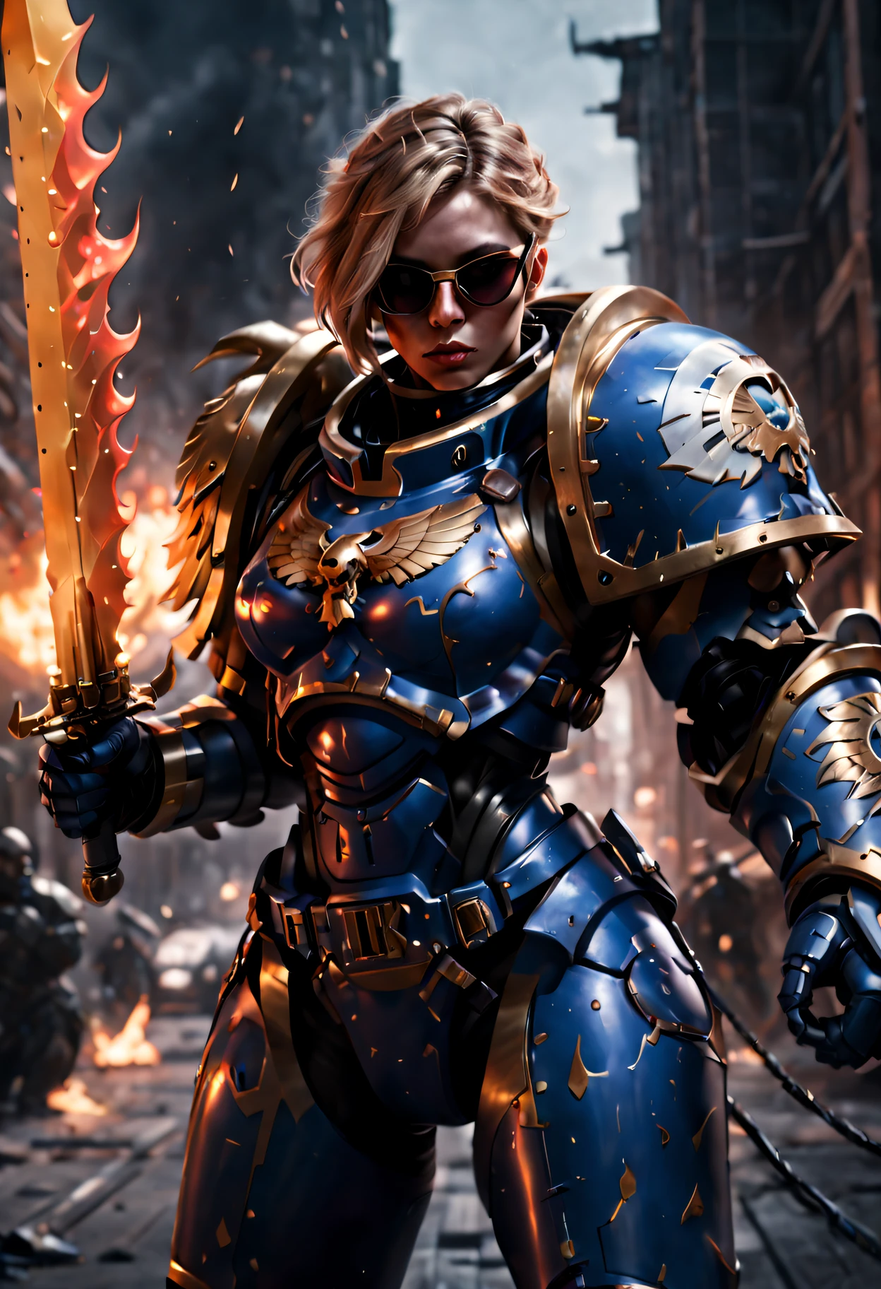 Warhammer 40K universe，Knight armor girl，Blue gold armor mechanical suit，shiny red sunglasseierce war environment，Armed with a flaming sword，Destroyed buildings and flames，The background is a futuristic cityscape，severe and threatening atmosphere，Sci-fi cyberpunk aesthetics，High contrast and desaturated tones，Dramatic and dynamic lighting effec quality at best,4K,(A high resolution,tmasterpiece:1.2),ultra - detailed,(actual,photoactual,photo-actual:1.37)