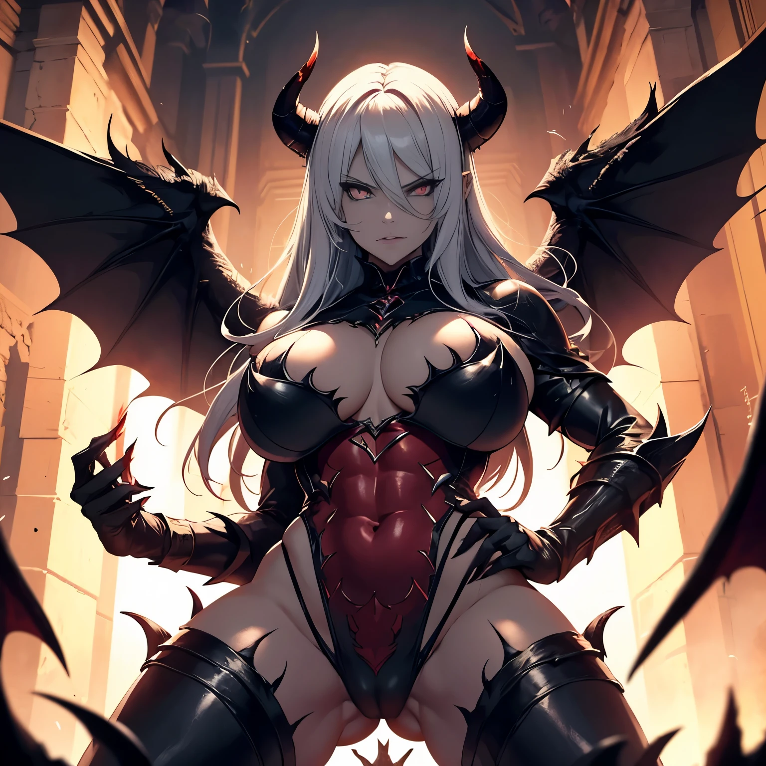 Demon woman, black horns, mature, athletic, full body photo, very angry face, long fangs, diamond face, demon tail, wings demon, strong shadows, yellow light, bloodborne, detailed face, sparks, muscles, gargolyes background, hell, jail, night, detailed abs, bloody fangs, bloody mouth, hurts, scars, shinying eyes, war pose, long claws, bloody claws, perfect vaginal shape, (masterpiece), perfect, direct light, underlight, long nails, claws, piercing, nipple piercing, flowing hair, detalied vagina, strong jaw, golden sky, large boobs, 30s years old, fit, Demonic queen, gothic, big tits, horns, tail, dark demon wings, massive ass, thick thighs, long torso, wide waist, skinny torso, abs, fit, perfect face, armor, attacking, perfect eyes, perfect mouth, perfect nose, attacking
