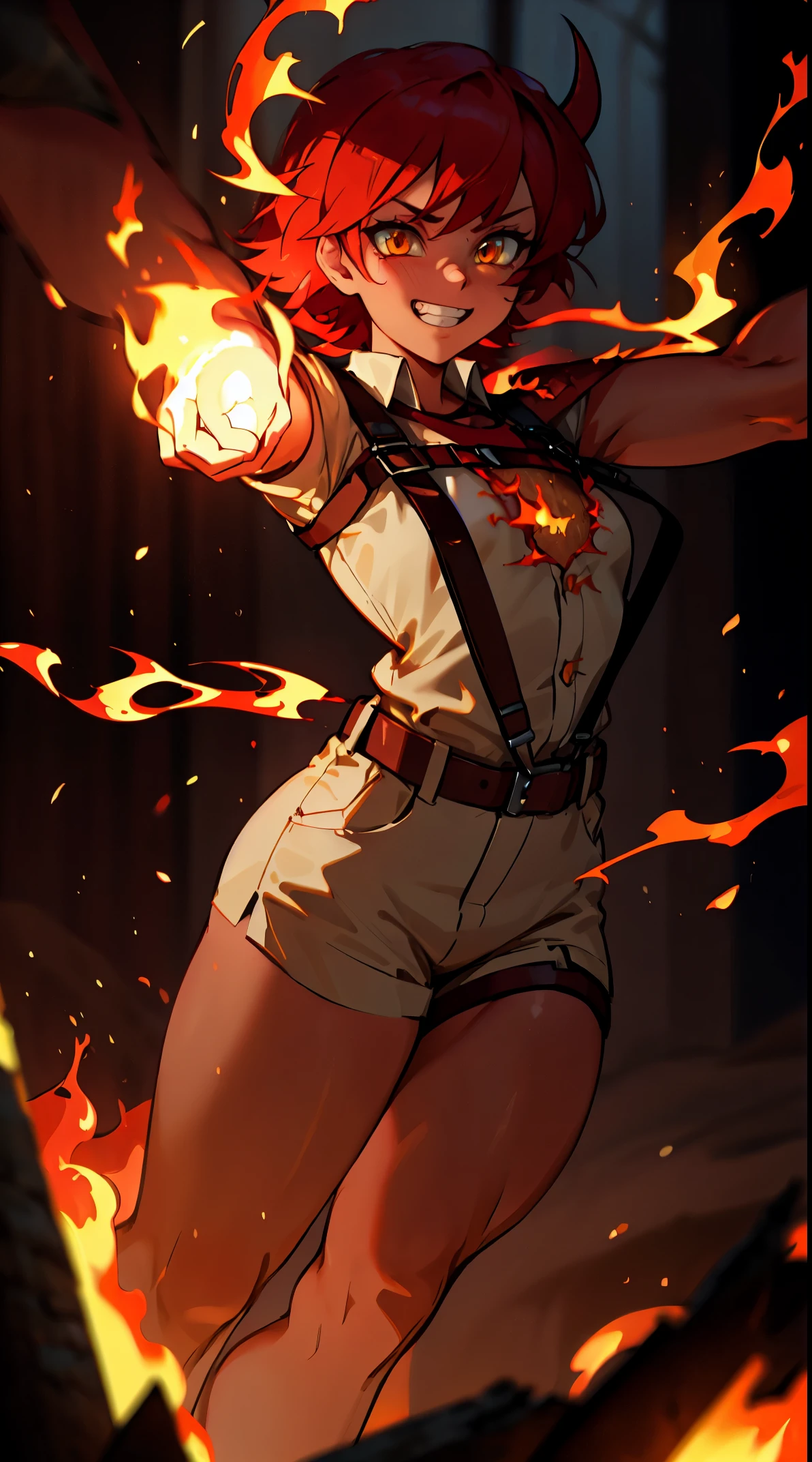 ((masterpiece)), best quality, 8k, high quality, high resolution, super detailed, ultra detailed, photorealistic, fiery and finely detailed face and eyes, ultra detailed and detailed skin texture, fiery eyes, perfect face, 1 girl, blazing red short hair, (fiery attire), flaming yellow eyes, athletic, muscular, white shirt, collared shirt, (chest harness, shoulder strap:1.15) , (infernal aura), standing before a roaring bonfire, passionate expression, ((burning grin)), twilight, fiery landscape, crackling flames, intense atmosphere, (crackling embers), (dancing flames), since primordial times, Ignia, fiery eyes, background of blazing inferno.