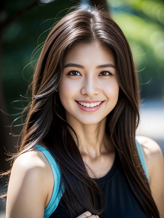 Portrait of confident Indian woman with long and thick hair, Hazel eyes, A tank top, white, Shorts, A smile on her face, Glossy look, D Cup Breast, Perfect composition, hyper realisitic, super detailed, 8K, High quality, trending art, Trending on ArtStation, Sharp Focus, studio photo, Intricate details, Highly detailed,selfie from the forest