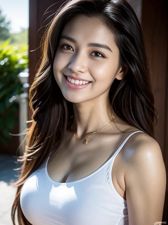 Portrait of confident Indian woman with long and thick hair, Hazel eyes, A tank top, white, Shorts, A smile on her face, Glossy look, D Cup Breast, Perfect composition, hyper realisitic, super detailed, 8K, High quality, trending art, Trending on ArtStation, Sharp Focus, studio photo, Intricate details, Highly detailed,selfie from the forest