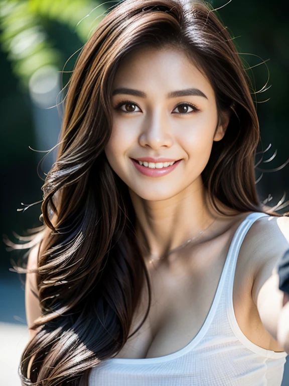 Portrait of confident Indian woman with long and thick hair, Hazel eyes, A tank top, white, Shorts, A smile on her face, Glossy look, D Cup Breast, Perfect composition, hyper realisitic, super detailed, 8K, High quality, trending art, Trending on ArtStation, Sharp Focus, studio photo, Intricate details, Highly detailed,selfie from the forest