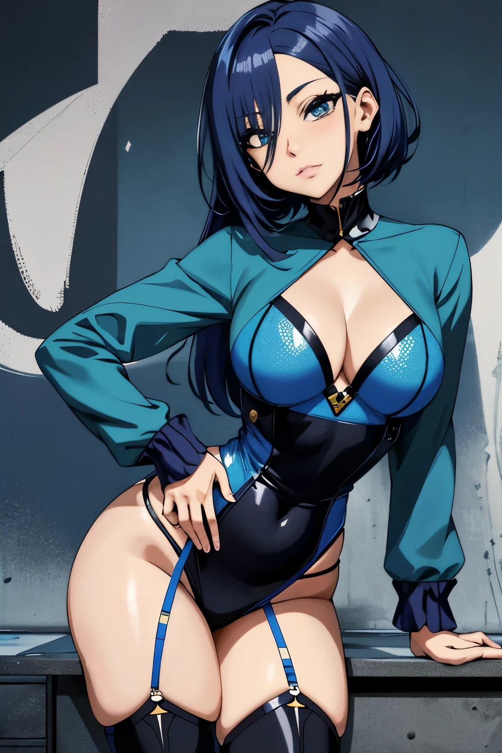 Menina anime no terno azul com top preto e cabelo castanho, menina anime sedutora, estilo anime ecchi, , mulher bonita sedutora do anime, curvando-se para a frente,Kamimei,