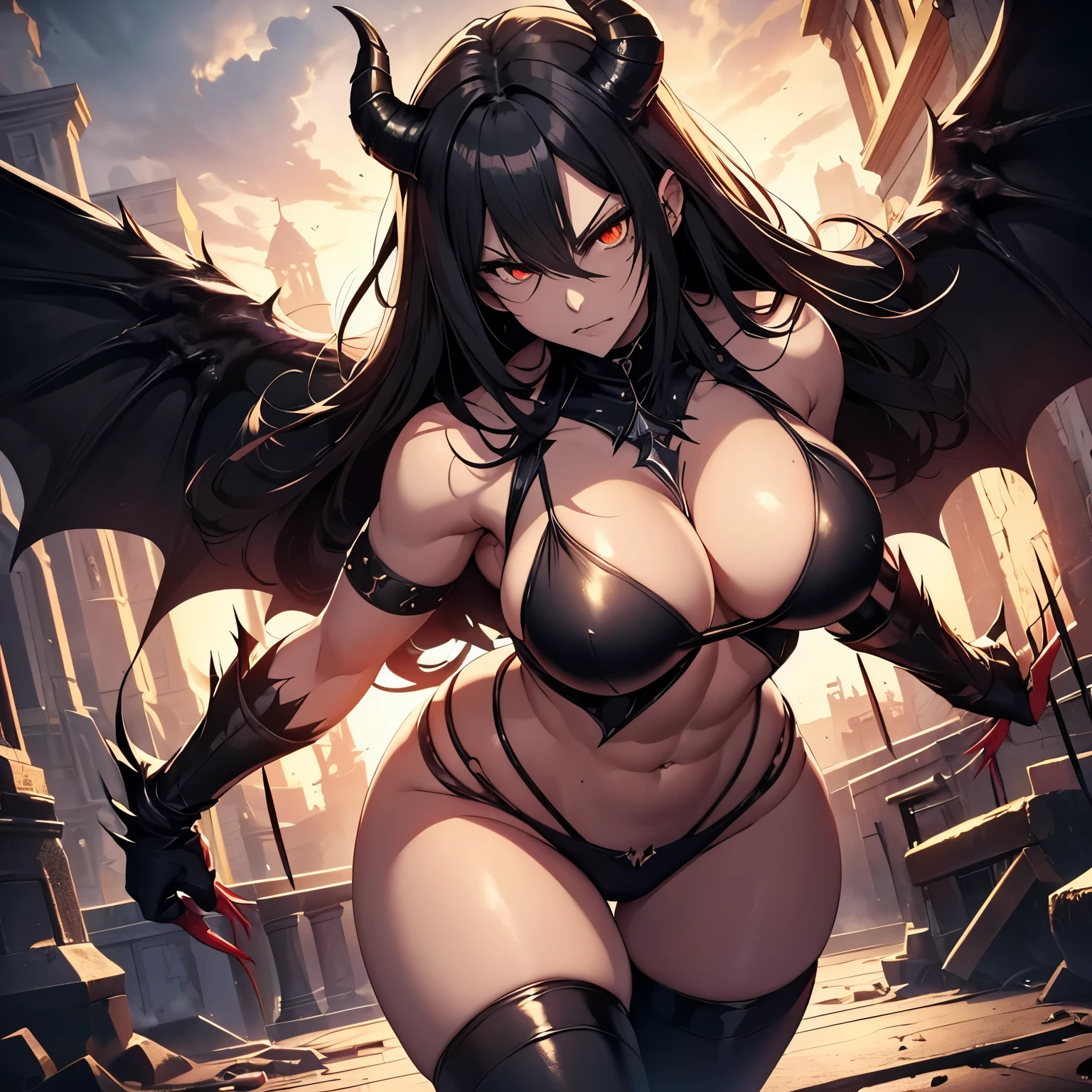 Demon woman, black horns, mature, athletic, full body photo, very angry face, long fangs, diamond face, demon tail, wings demon, strong shadows, yellow light, bloodborne, detailed face, sparks, muscles, gargolyes background, hell, jail, night, detailed abs, bloody fangs, bloody mouth, hurts, scars, shinying eyes, war pose, long claws, bloody claws, perfect vaginal shape, (masterpiece), perfect, direct light, underlight, long nails, claws, piercing, nipple piercing, flowing hair, detalied vagina, strong jaw, golden sky, large boobs, 30s years old, fit, Demonic queen, gothic, big tits, horns, tail, dark demon wings, massive ass, thick thighs, long torso, wide waist, skinny torso, abs, fit, perfect face, armor, attacking, perfect eyes, perfect mouth, perfect nose, attacking