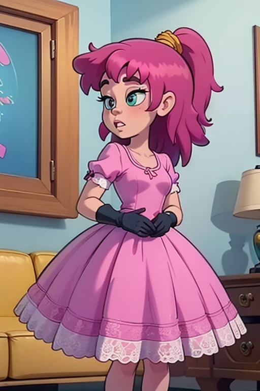 ellie, ellie martin, pink hair, long pink hair, pony tail, pony tail with a yellow hair tie, pink long hair with pony tail and a yellow hair tie, wearing a dress, pink dress, pink princess dress, princess dress, long dress, gloves, pink gloves, long gloves,  front view, great anatomy, great coloring , full body on frame, small breasts, tiny breasts,