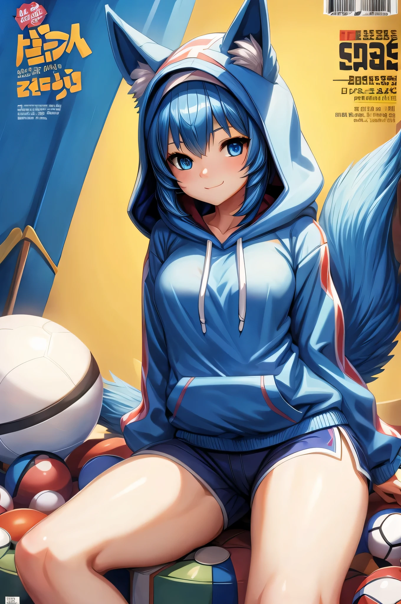 (Masterpiece) (High Detail) (High Res) A close up of short skinny humanoid girl with pale human skin and blue eyes and long blue hair and blue dog ears and a big fluffy dog tail and small average breasts. She is on the front cover of a magazine. She is dressed as a pokemon trainer and is wearing a Pokemon hoodie and short shorts. Pokemon magazine. Yellow background magazine cover. She is sat on a pile of Pokeballs.