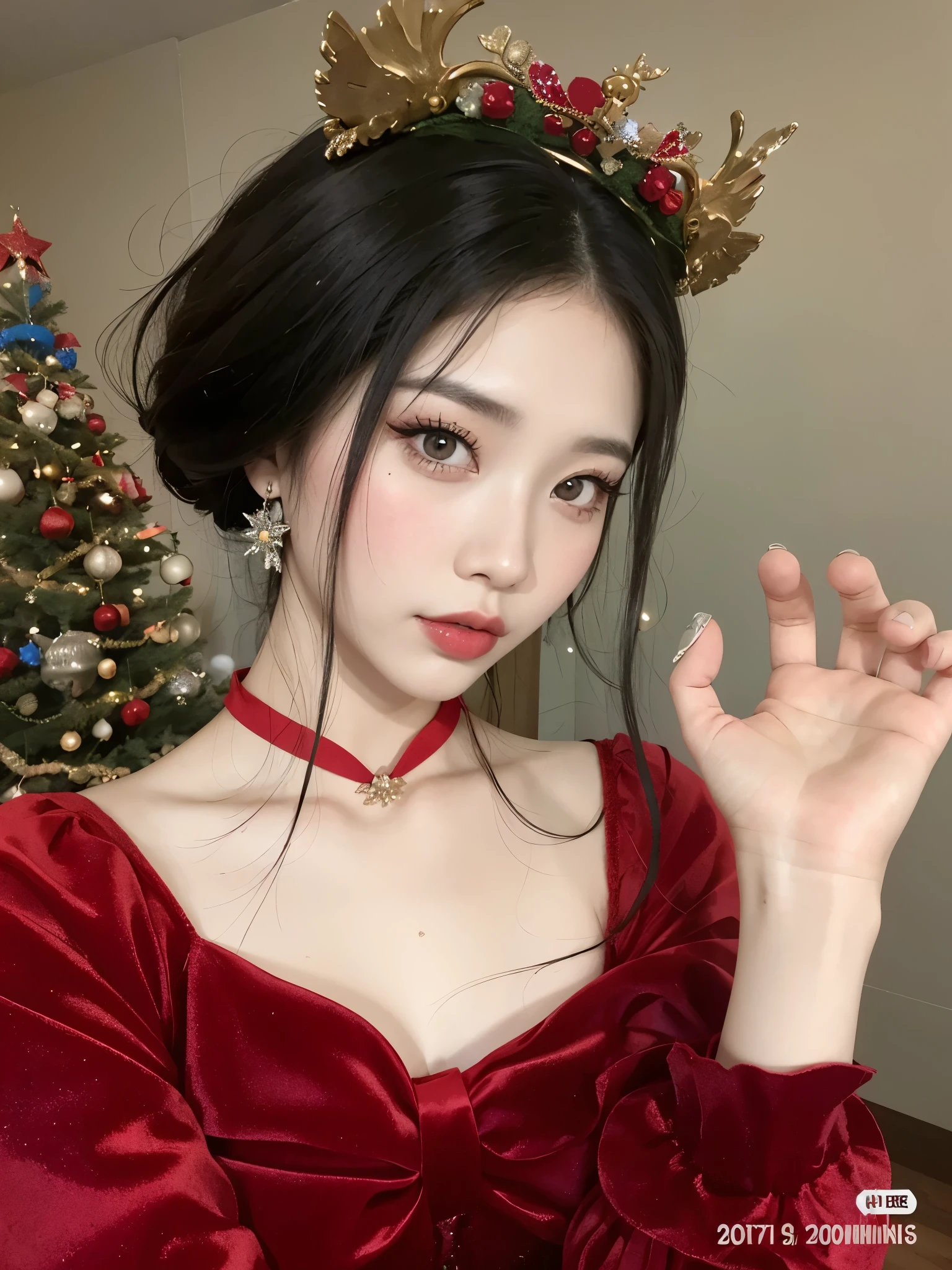 un primer plano de una mujer que llevaba un vestido rojo y una diadema de reno, ulzzang, cruel korean goth girl, 8k)), Chica china, Chica coreana, Hermosa mujer surcoreana, Hermosa modelo china, pale snow white skin, young cute wan asian face, beautiful asian girl, Estilo chino, chica linda-fina-cara, maquillaje popular de Corea del Sur