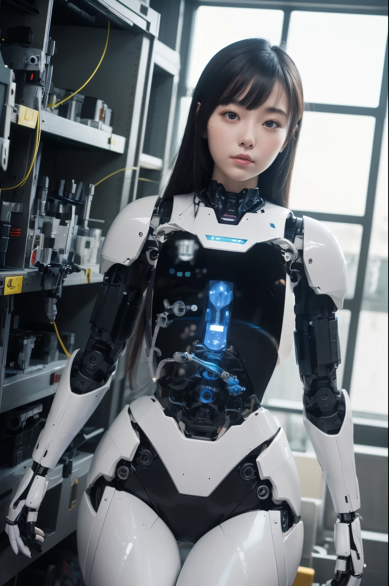 masterpiece, best quality, extremely detailed, (8K, 4K, Best Quality, hight resolution, 超A high resolution:1.1), 8K portrait,1girl in, Japaese android girl,android teacher,Plump , control panels,android,Droid,Mechanical Hand, ,Robot arms and legs, Black hair,Mechanical body,Blunt bangs,White Robotics Parts,perfect robot woman,Charging spot,Long Tube,A thick cable was connected to her neck,ceramic body ,android,robot humanoid,a bit chubby,panty,full eyes,perfect mechanical body,white robotics body,future assembly plant,white body,She has repaired,black sponge joints,android assembly plant,android,laboratory,perfect machine body,white robot body,