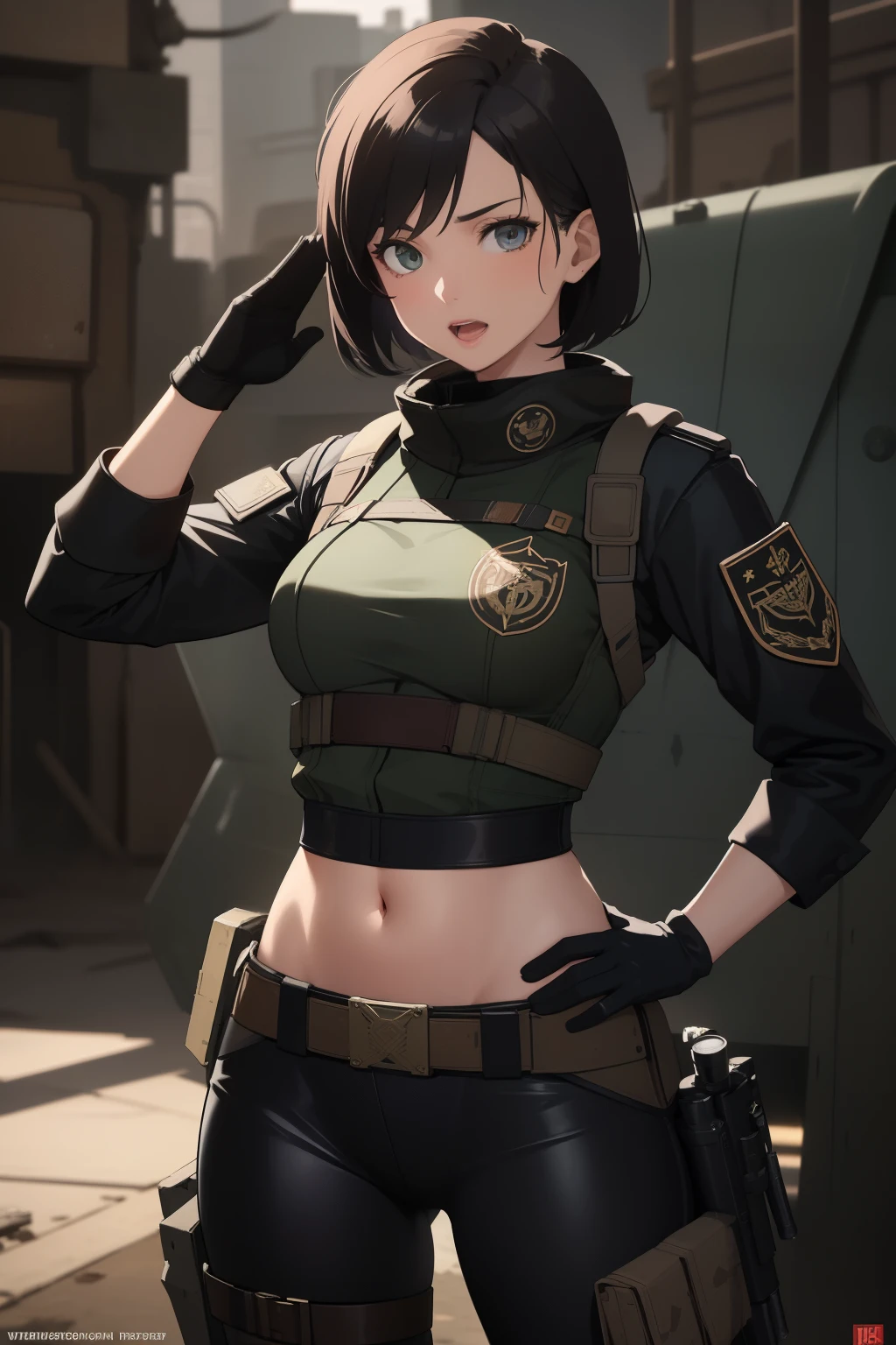 A Pretty, Sexy Adult Asian Female Babe Fallout character that is a scribe in the Brotherhood Of Steel with short silken black straight hair wearing dark colored brotherhood of steel fatigues with a light armor dark colored chest rig on and patches of the brotherhood of steel insignia on the armor and fatigues, a dark colored patrol cap with goggles wrapped around it with the brotherhood insignia on the cap with a laser pistol holstered to her hip doing a fist to chest salute shouting “AD VICTORIAM!” with the rough gloomy post apocalyptic capital wasteland from fallout 3 as the background