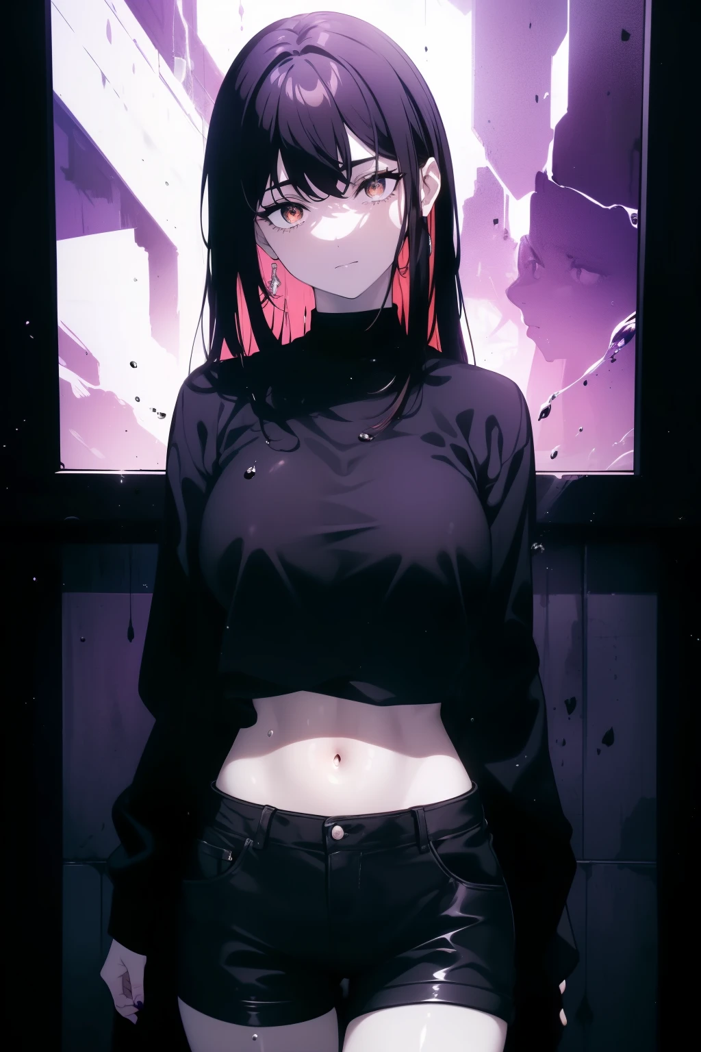 ((((Obra maestra, La mejor calidad, ultrahigh resolution)))), 1girl, happy, ((standing in a club waiting for someone)), black t-shirt, jean shortlack hair, dark black hair over eye:1), long hair cut, pale skin, ((brown eyes)), (glowing_eyes), (ultra detailed eyes:0.7, beautiful and detailed face, detailed eyes:0.9), ((centered)), ((over joyed expression)), ((wide shot)), facing viewer, (((indoor part, purple and black lights, black dancing silhouettes:0.9, rave:1))), medium breasts, looking at viewer, ((perfect hands)), (((head:1, arms, hips in view, elbows, thighs, in view))), lively eyes, beautiful lighting, outside, outdoors, background, defined subject, 25 years old, (head tilt), (((cool))), ((lively)), (((splash))),