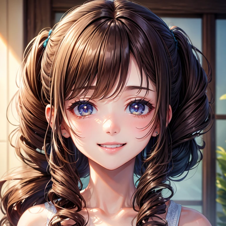 1girl in, Solo, Eschurry Spa、Aromatherapy、aesthetician、Invincible smile、Brown hair, Curly hair, poneyTail、a closeup、Highest quality image quality、8K、An ultra-high picture quality、