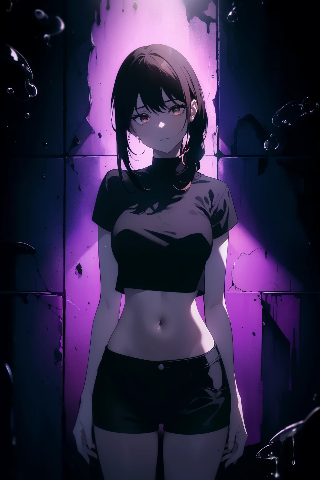 ((((Obra maestra, La mejor calidad, ultrahigh resolution)))), 1girl, happy, ((standing in a club waiting for someone)), black t-shirt, jean shortlack hair, dark black hair over eye:1), long hair cut, pale skin, ((brown eyes)), (glowing_eyes), (ultra detailed eyes:0.7, beautiful and detailed face, detailed eyes:0.9), ((centered)), ((over joyed expression)), ((wide shot)), facing viewer, (((indoor part, purple and black lights, black dancing silhouettes:0.9, rave:1))), medium breasts, looking at viewer, ((perfect hands)), (((head:1, arms, hips in view, elbows, thighs, in view))), lively eyes, beautiful lighting, outside, outdoors, background, defined subject, 25 years old, (head tilt), (((cool))), ((lively)), (((splash))),