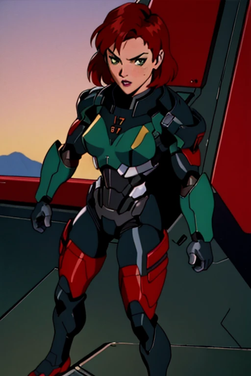 masterpiece, best quality, 1girl, cowboy shot, Jane Shepard, FemShep, short hair, red hair, green eyes, black power armor, N7, evangelion anime style, anime screencap, 1990s_\(style\), full body portrait