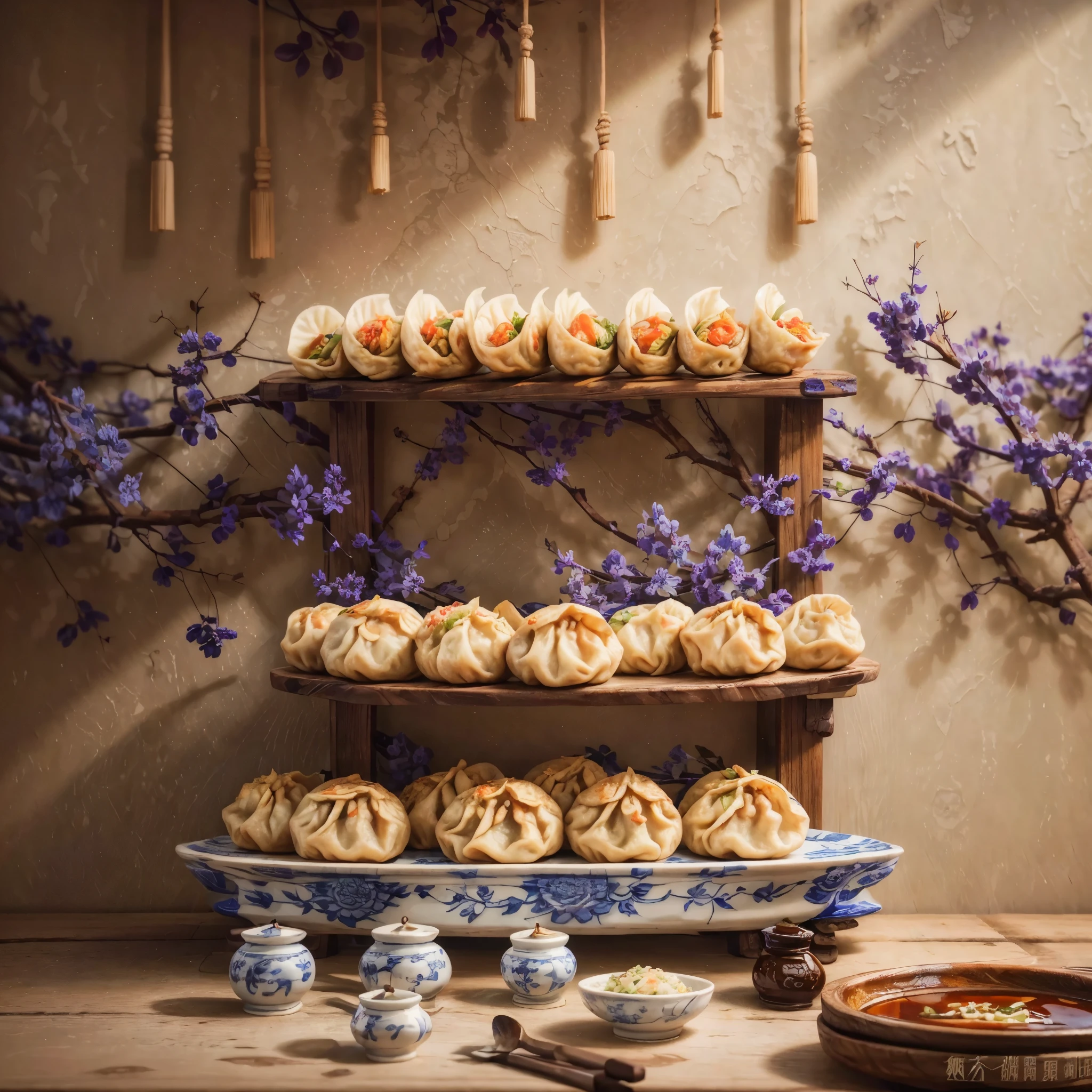 extremely intricate, masterpiece, Best quality, award winning, 8K, RAW photo, Spring Rolls, food photo, digital SLR, soft lighting, high quality, film grain, Fujifilm XT, ((chinese dumpling)), (chinese dumpling), hot sauce, food garnish, delicious, put neatly on the plate, blue and white porcelain