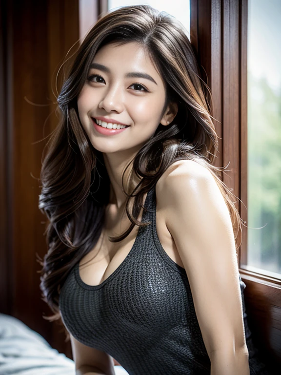 Portrait of confident Indian woman with long and thick hair, Hazel eyes, A tank top, white, Shorts, A smile on her face, Glossy look, D Cup Breast, Perfect composition, hyper realisitic, super detailed, 8K, High quality, trending art, Trending on ArtStation, Sharp Focus, studio photo, Intricate details, Highly detailed,selfie from the forest