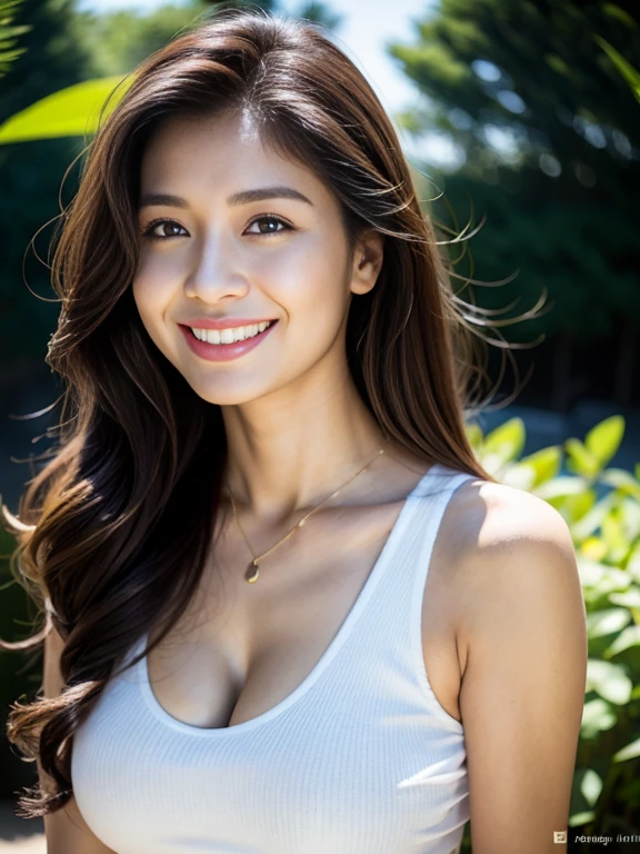 Portrait of confident Indian woman with long and thick hair, Hazel eyes, A tank top, white, Shorts, A smile on her face, Glossy look, D Cup Breast, Perfect composition, hyper realisitic, super detailed, 8K, High quality, trending art, Trending on ArtStation, Sharp Focus, studio photo, Intricate details, Highly detailed,selfie from the forest