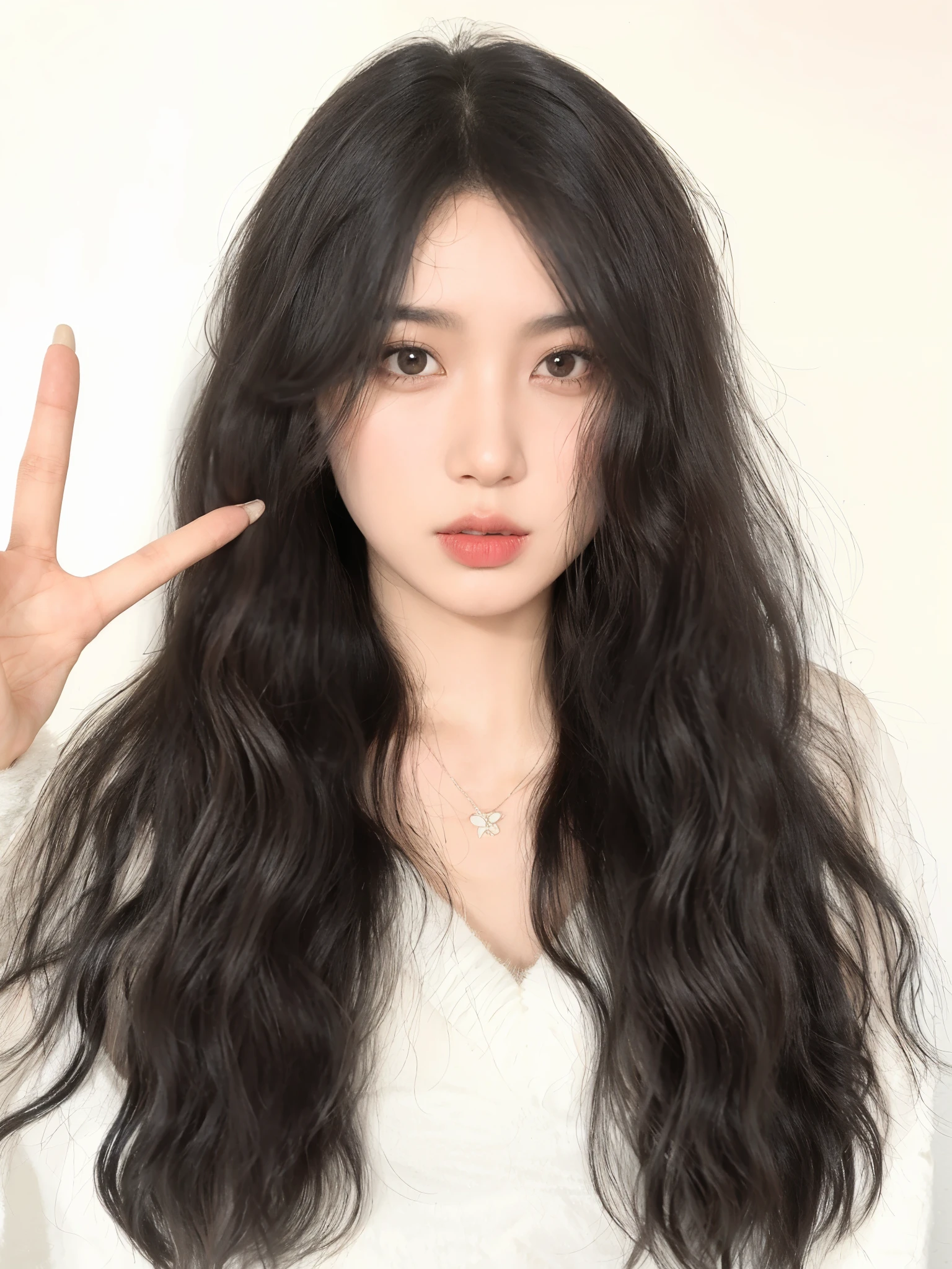 Arafed woman with long black haiace sign, ulzzangs, long wavy dark hair, long wavy dark hair, Long hair, long Black wavy hair, Black wavy hair, with black curled hair, with long coiled hair, wavy hair loose, Shoulder length wavy hair, with black curled hair with bangs, asian girl Long hair