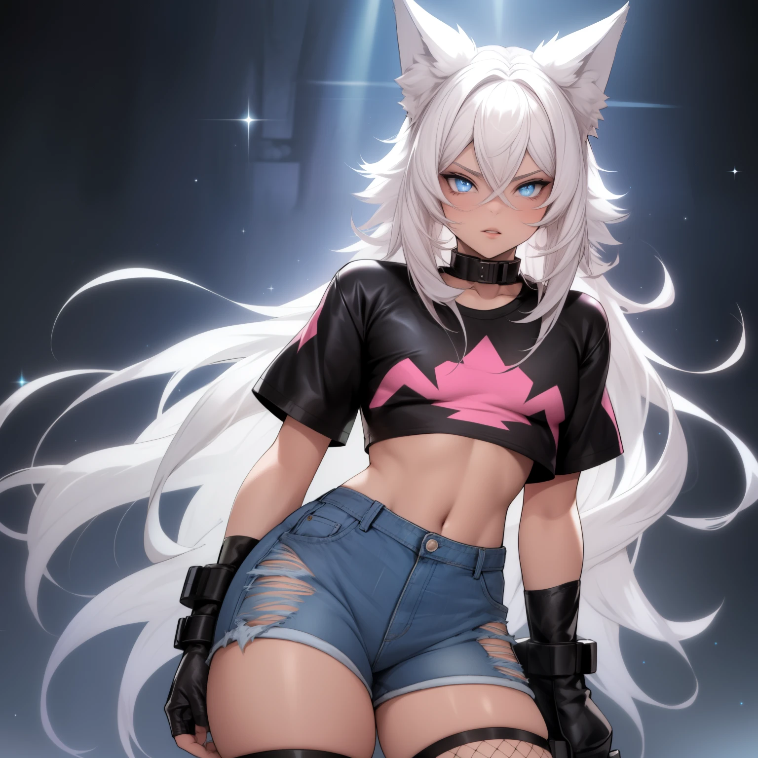 (best quality)), ((masterpiece)), (detailed), perfect face, white hair, white cat ears, white cat tail, DD cup breasts, thick thighs, crazy love eyes, glowing red eyes, smirking, short latex black crop top, black latex short skirt, latex purple stockings, heels, neon lights, view from below