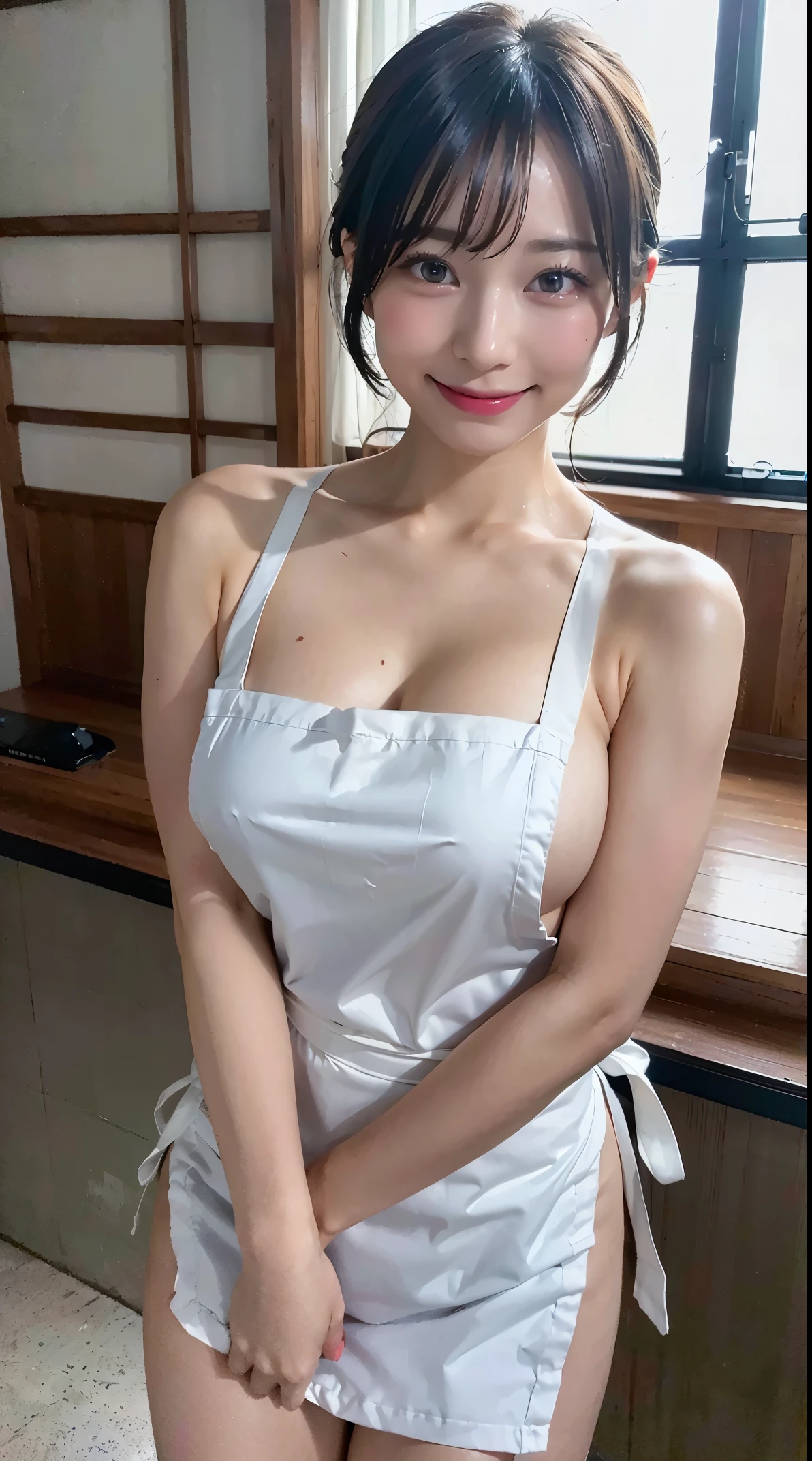 (realistic, photo-realistic:1.37), (masterpiece), (best quality:1.4), (ultra high res:1.2),(RAW photo:1.2), (sharp focus:1.3), (face focus:1.4), vibrant details, hyper realistic, elegant, professionattire, finely detail, BREAK japanese idol, (huge breasts), short hair, (happy smile), (zoom up), (naked apron:1.2), (living room), standing, (leaning forward:1.2),
