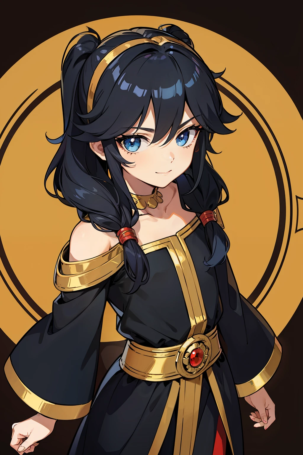 (high-quality, breathtaking),(expressive eyes, perfect face) portrait, 1girl, girl, solo, young ???, child, black hair, blue coloured eyes, stylised hair, gentle smile, shoulder length hair, pigtails, loose hair, side bangs, curley hair, really spiky hair, spiked up hair, looking at viewer, portrait, ancient greek clothes, black long sleeved tunic gold trim around collar edges and down middle, greek, red and gold sash, simple background, slightly narrow eyes, baby face, small body, happy expression, clothes similar to Hypnos Saint Seiya, clothes similar to Alone Saint Seiya