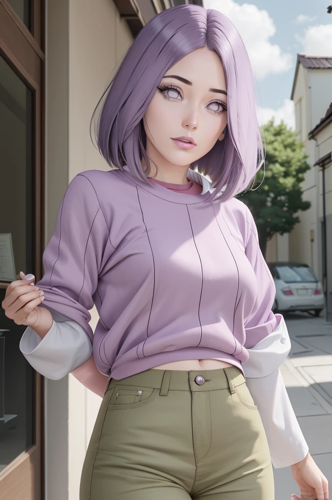 Woman with big bust, short lilac hair mullet, Red eyes, on her knees sucking a penis