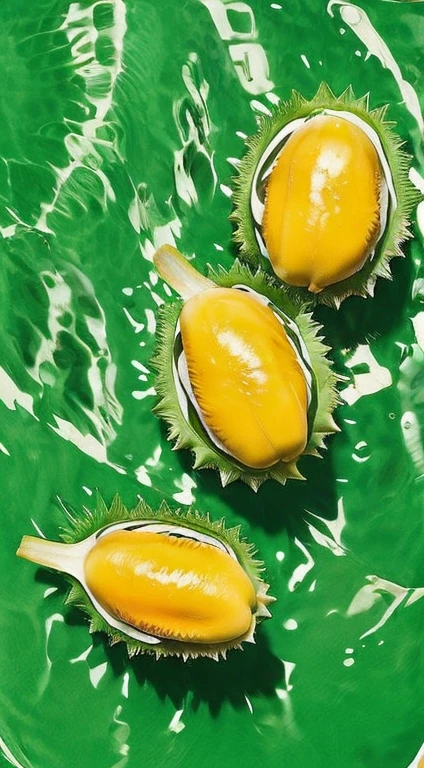 Please help me draw a plate of durian with plump lotus flesh in front of two durians,Sunny beach in background,Photographic realism style,Ultra high definition product posters
