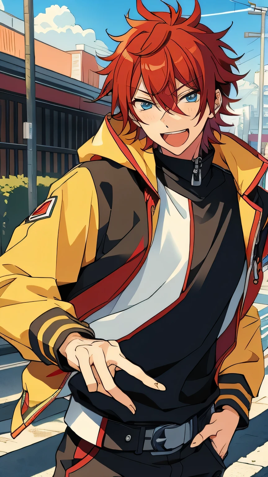 masutepiece, Best Quality, absurderes, Cute, Ultra-detailed, Perfect Anatomy, Outdoors, Rinne Amagi, ensemble Stars, Solo, Smile, 1boy, Jacket, Male Focus, Red hair, Blue eyes,