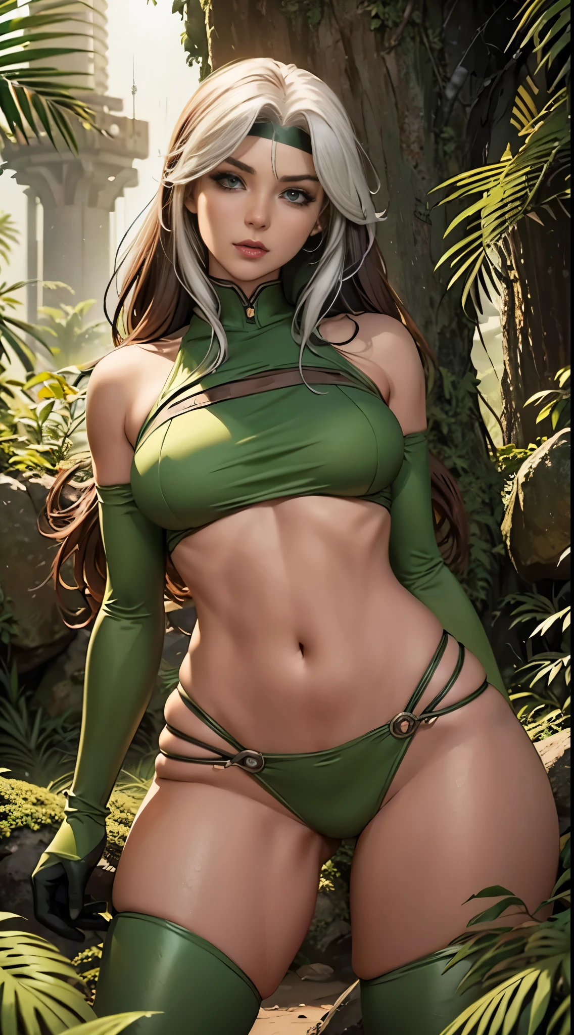 Titania, pose sexy, desierto, x-men Rogue ñ, senos grandes, cabello largo, small waist, alta calidad, 4k, desnuda, thick senos expuestos, mirada ardiente, provocadora