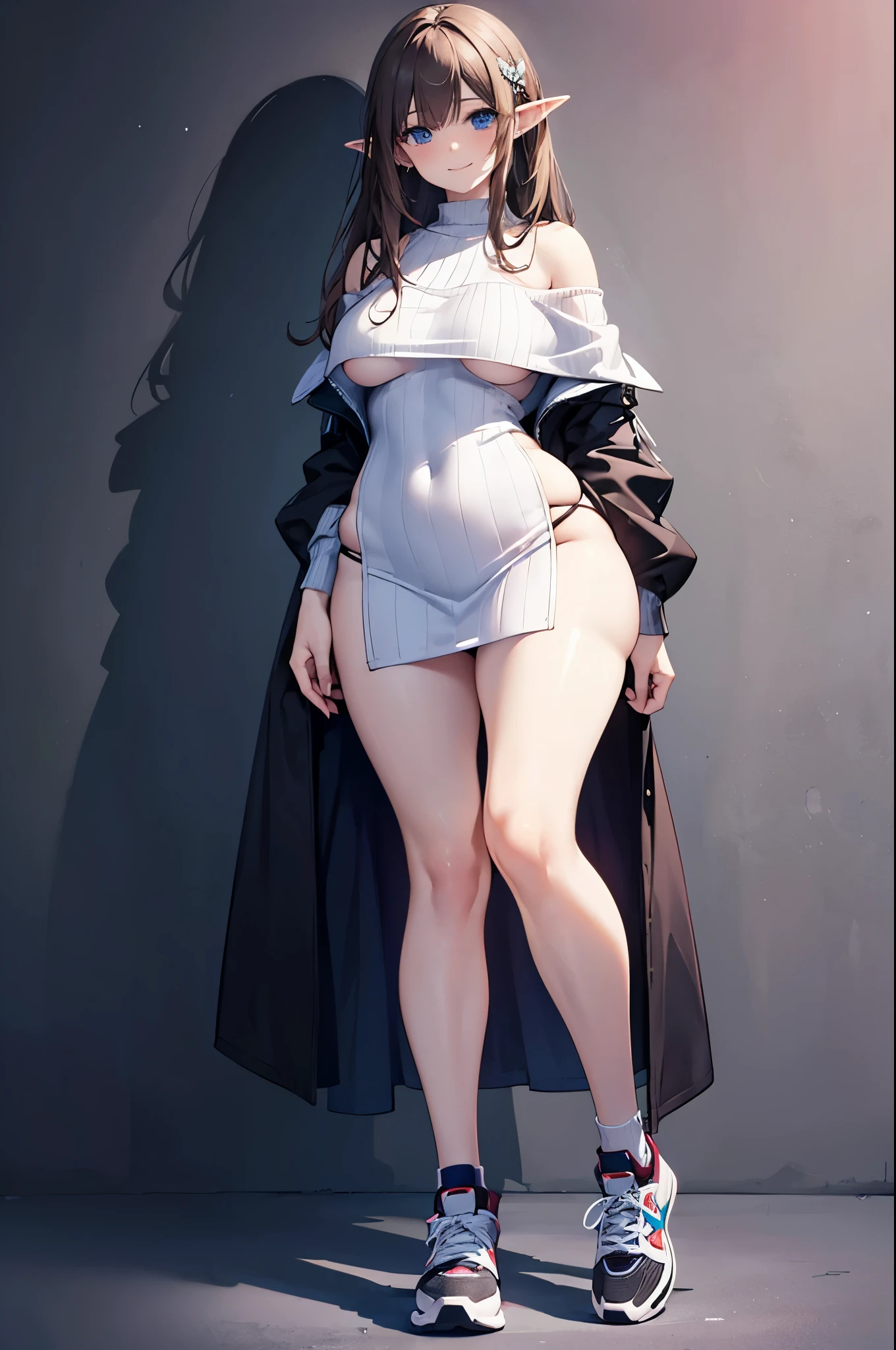 Detail image, realistic image, 1 elf. smiling. She has medium long brown hair which has strands of hair hanging over the right side of her face, large blue eyes and a delicate oval face, small breasts and a slim, curvy figure. She is wearing an off-shoulder sweater, pleated mini skirt. thin thong. sneakers. Full body view. Black background, Uniform background. Ambient light. Volumetric Light