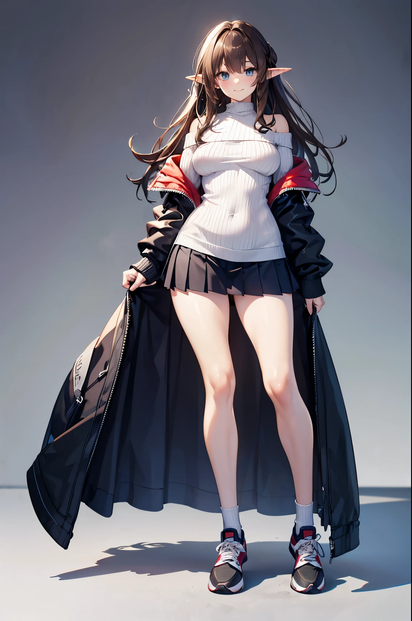 Detail image, realistic image, 1 elf. smiling. She has medium long brown hair which has strands of hair hanging over the right side of her face, large blue eyes and a delicate oval face, small breasts and a slim, curvy figure. She is wearing an off-shoulder sweater, pleated mini skirt. thin thong. sneakers. Full body view. Black background, Uniform background. Ambient light. Volumetric Light